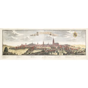 ŚWIDNICA. Rozległa panorama miasta z zaznaczonymi ważniejszymi budynkami; według rys. F.B. Wernera, ...