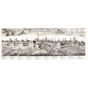 WROCŁAW. Rozległa panorama miasta z zaznaczonymi ważniejszymi budynkami; ryt. Johann Jakob Steltzer ...
