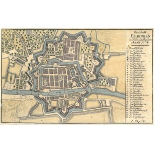 ELBLĄG. Plan miasta; anonim, 1734; zaznaczono linię fortyfikacji i tereny zadrzewione (co miało znac ...