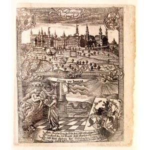 GŁOGÓWEK. Panorama miasta, poniżej postacie alegoryczne i herb; pochodzi z: Zittauisches Tagebuch (d ...