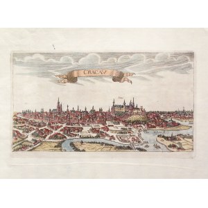 KRAKÓW. Panorama miasta; anonim, ok. 1700; miedz. kolor., filigran, st. bdb., złożenie atlasowe, na ...