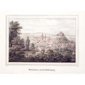 BOLKÓW. Panorama miasta z zamkiem; wym.: 180x119 mm; Bolkenhain mit der Bolkoburg; ...