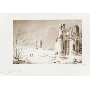 OSTRÓG. Widok na ruiny zamku; po prawej na dole sygnatura artysty F. A. Pernot 1824.; poniżej napisy ...