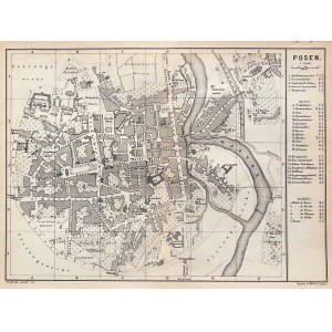 POZNAŃ. Plan miasta; wyd. Wagner & Debes, Lipsk, ok. 1890; lit. cz.-b., st. bdb.; wym.: 200x145 mm; ...