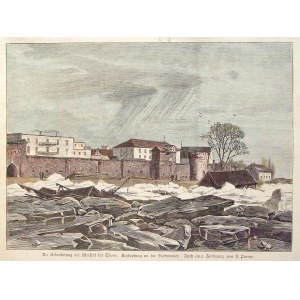 TORUŃ. Powódź w okolicy Torunia – zator lodowy przy murach miejskich; rys. Hermann Penner, 1879; drz ...
