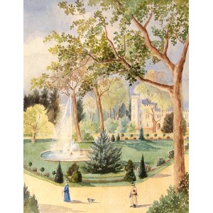 SZCZODRE. Widok pałacu z parkiem; 1902; akwarela, st. bdb.; wym.: 198x253 mm; opis na verso: Paulett ...