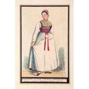ŁUŻYCE. Tradycyjny ubiór świąteczny; anonim, 1845; drzew. szt. kolor., st. bdb.; wym.: 83x130 mm; Co ...