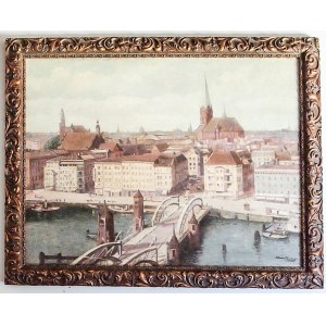 SZCZECIN. Nabrzeże z Mostem Długim; malował Willi Krug, pocz. XX w.; w prawym dolnym narożniku sygn. ...