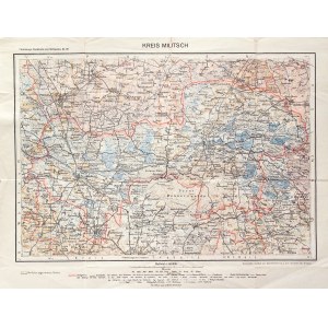 MILICZ. Mapa powiatu milickiego; pochodzi z: Flemmings Handkarte von Schlesien, Berlin ok. 1920; Geo ...