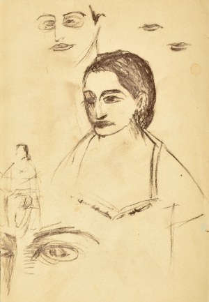 Roman Opałka (1931-2011), Szkic popiersia kobiety z lewego profilu, luźne szkice twarzy, ust, oczu oraz szkic zarysu postaci kobiety