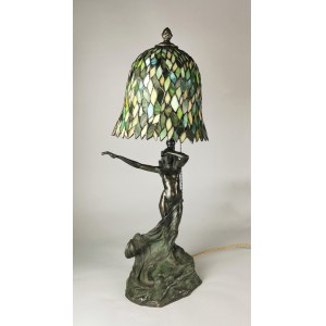 Lampa na biurko, elektryczna, z witrażowym kloszem, w typie lamp Louisa Tiffany’ego