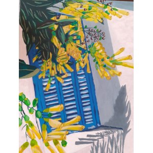 Anna Van Brussel, Niebieskie greckie okno, 2020r., akryl na płótnie, 40x30cm, sygn.l.d Van Brussel 2020