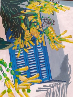 Anna Van Brussel, Niebieskie greckie okno, 2020r., akryl na płótnie, 40x30cm, sygn.l.d Van Brussel 2020
