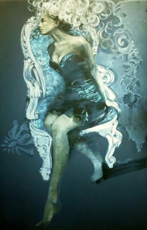 Jolanta Kalopsidiotis, Kobieta barokowa, 2018r., akryl na tekturze, farba metaliczna, 120x78cm, sygn na odwrociu
