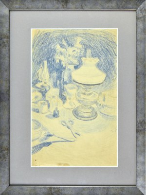 Stanisław Kamocki (1875-1944), Martwa natura z lampą naftową, nożyczkami i naczyniami stołowymi, ok. 1895