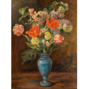 Józef Pankiewicz (1866 - 1940), Bukiet kwiatów w niebieskim wazonieWilk, lata 80. XIX w.