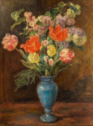 Józef Pankiewicz (1866 - 1940), Bukiet kwiatów w niebieskim wazonieWilk, lata 80. XIX w.