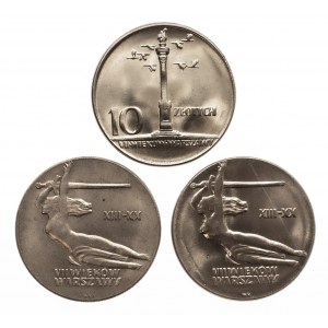 Polska, PRL 1944-1989, zestaw 3 monet 10 złotych Nike, Kolumna Zygmunta 1965