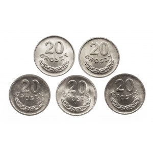 Polska, PRL 1944-1989, zestaw monet 20-sto groszowych w menniczym stanie