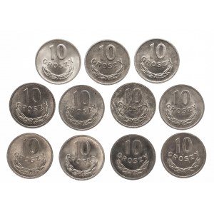 Polska, PRL 1944-1989, ciekawy zestaw 11 roczników monet 10-cio groszowych