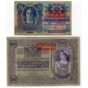 Austria Set of 2 Notes: 20 Kronen - 10 000 Kronen 1919