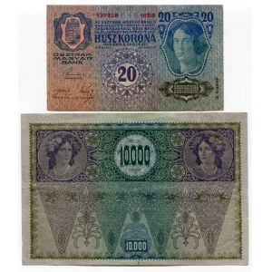 Austria Set of 2 Notes: 20 Kronen - 10 000 Kronen 1919