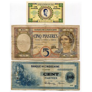 French Indochina Set of 3 Notes: 1 Piastre - 5 Piastres - 100 Piastres 1926 -53