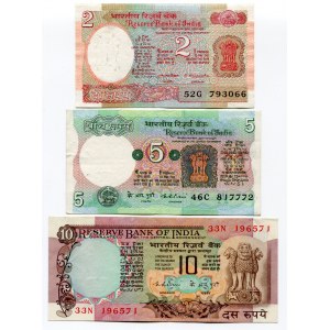 India Set of 5 Notes: 2 Rupees - 5 Rupees - 10 Rupees - 10 Rupees - 10 Rupees 1975 -96
