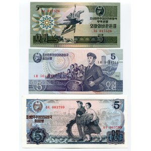 North Korea Set of 6 Notes: 5 - 5 - 5 - 10 - 50 - 100 Won 1978 -98