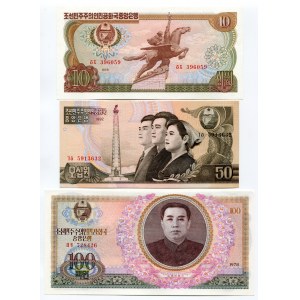 North Korea Set of 6 Notes: 5 - 5 - 5 - 10 - 50 - 100 Won 1978 -98
