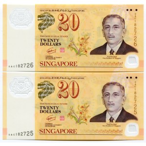 Singapore 2 x 20 Dollars 2007 With Consecutive S/N