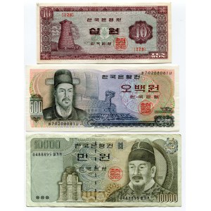 South Korea Set of 3 Notes: 10 - 500 - 10 000 Won 1962 -94