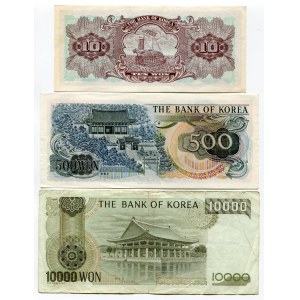 South Korea Set of 3 Notes: 10 - 500 - 10 000 Won 1962 -94
