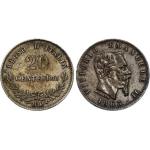 Italy 20 Centesimi 1863 M BN Interesting Overstrike! Very Rare!
