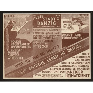 Pocztówka reklamowa Die Freie Stadt Danzing z mapą.