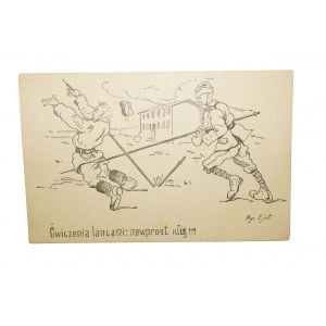 Pocztówka ĆWICZENIA LANCAMI: NAWPROST KŁUJ !!!, humor, rysował Ejot, drukarnia D.O.K. VII
