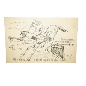 Pocztówka KAWALERIA: NASKAKIWANIE KONIA, humor, rysował Ejot, drukarnia D.O.K. VII
