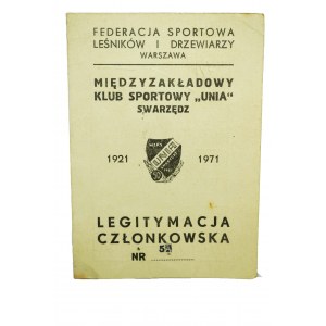 LEGITYMACJA Międzyzakładowy Klub Sportowy UNIA Swarzędz, 1971 rok