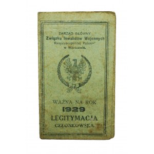 LEGITYMACJA CZŁONKOWSKA Związku Inwalidów Wojennych ważna na rok 1929