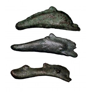 Grecja, Olbia, zestaw 3 brązów w kształcie delfina, VI–V w. p.n.e.