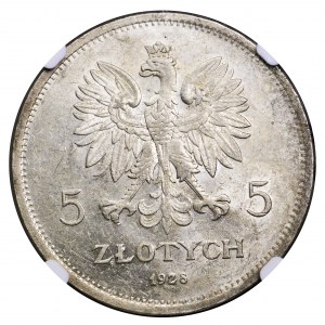 II Rzeczpospolita, 5 złotych 1928, Nike, Warszawa - rzadkość, znak dalej, NGC AU58