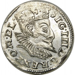 Zygmunt III Waza, Trojak 1597, Poznań – gałązka dzieli datę, trzy wiersze
