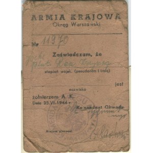 [Powstanie warszawskie] Ren Krzysztof. Legitymacja AK oraz przepustka Baon Miłosz 1944