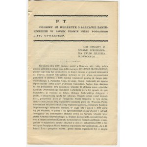 [Słowacki Juliusz] - List otwarty w sprawie sprowadzenia zwłok Juliusza Słowackiego [1910]