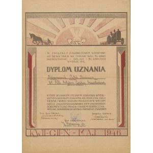 Diploma of appreciation for Kazimierz Pątek [1946].