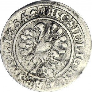 RRR-, Śląsk, 3 krajcary 1654 Trzech Braci, Brzeg, data rozdzielona; Hybryda 1653/1654