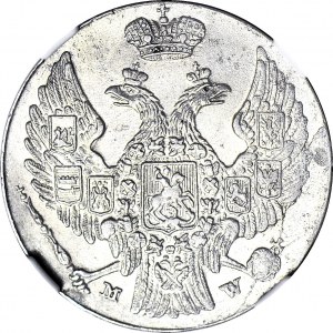 RRR-, Królestwo Polskie, 10 groszy 1840, W/M W, błędnie nabita odwrócona litera M przebita na poprawną M