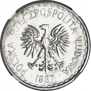 RR-, 1 złoty 1987 PRÓBA TECHNOLOGICZNA, miedzionikiel (MN), bez napisu, znane kilka szt.