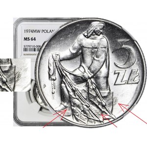 RR-, 5 złotych 1974, Rybak na TRAWCE TYP 1, trawka pod stopami, b rzadki