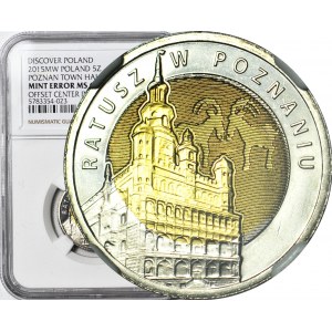 RR-, 5 złotych 2015, Ratusz w Poznaniu, DESTRUKT - rozlany rdzeń na awersie